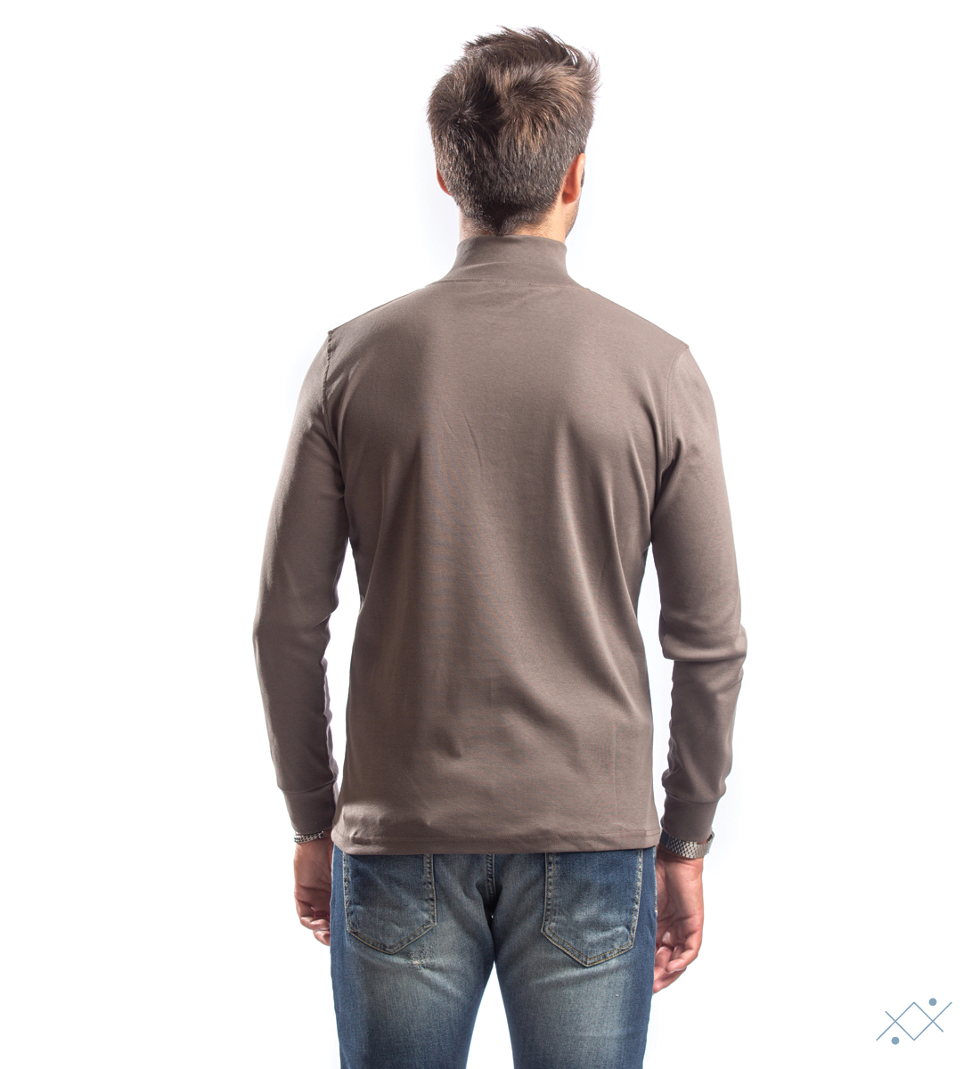 Men´s long sleeve with 5 buttons, placket in light blue velvet and raised collar - back